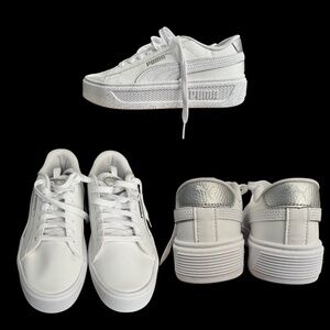 PUMA Women's Smash Platform V3 Sneaker, Puma White/Silver, 7 US